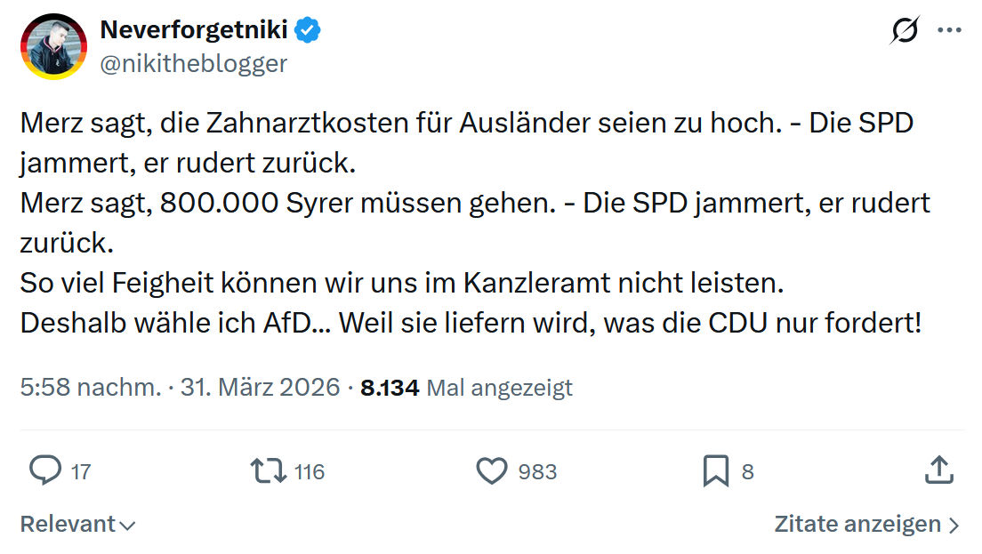 Neverforgetniki: Merz sagt, die Zahnarztkosten für Ausländer…