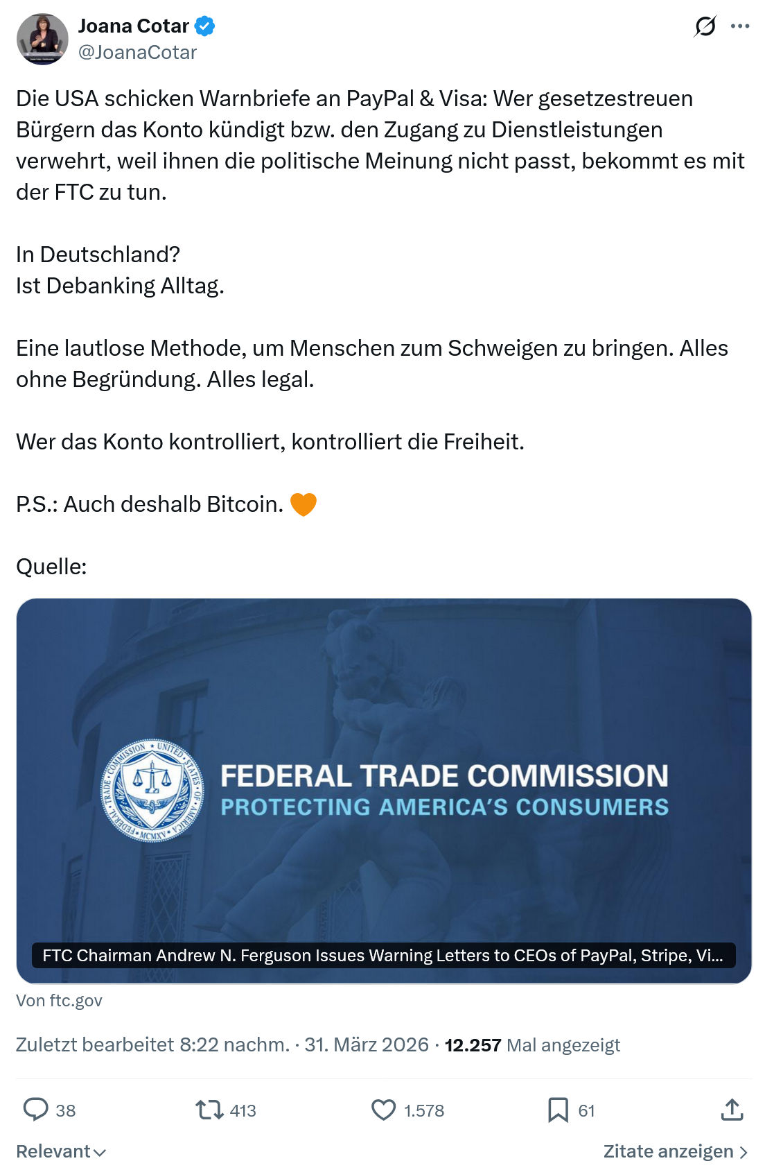 Joana Cotar: Die USA schicken Warnbriefe an PayPal & Visa…