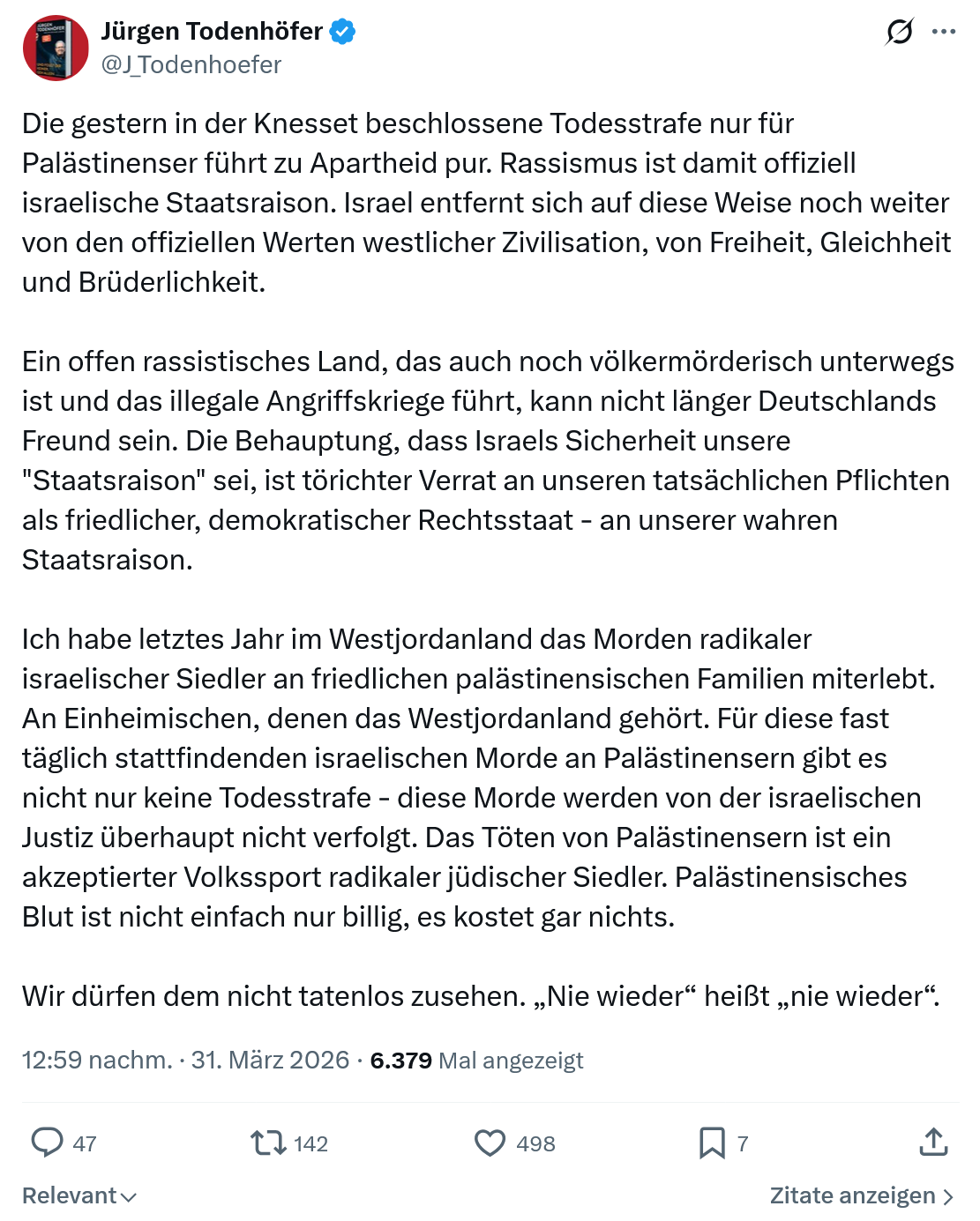 Jürgen Todenhöfer: Die gestern in der Knesset beschlossene Todesstrafe…