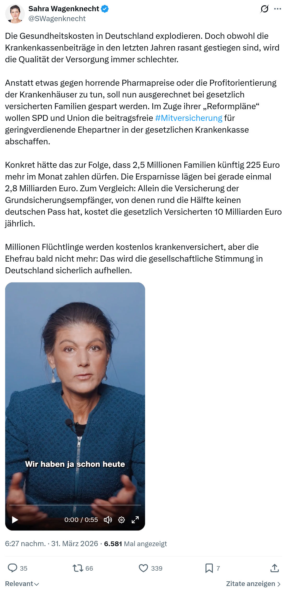 Sahra Wagenknecht: Die Gesundheitskosten in Deutschland explodieren…