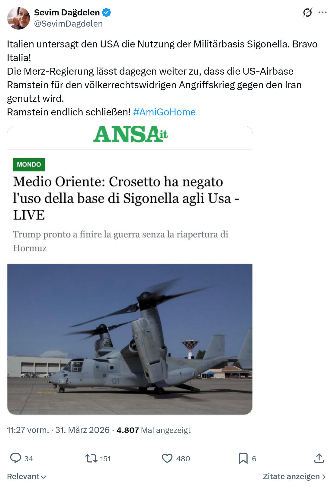 Sevim Dagdelen: Italien untersagt den USA die Nutzung der Militärbasis Sigonella…