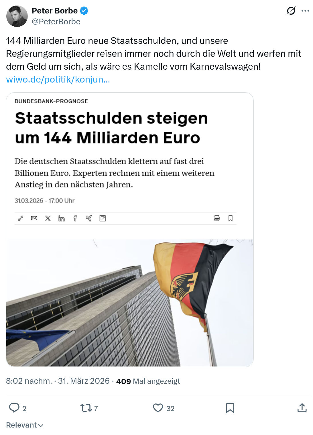 Peter Borbe: 144 Milliarden Euro neue Staatsschulden…