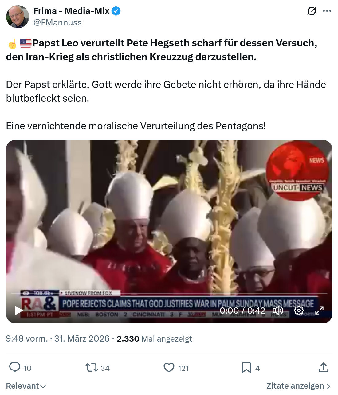 Friedrich Mannus: Papst Leo verurteilt Pete Hegseth…