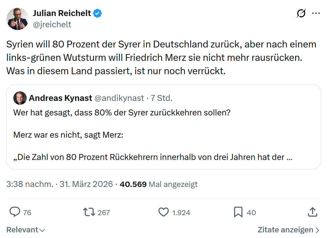 Julian Reichelt: Syrien will 80 Prozent der Syrer…