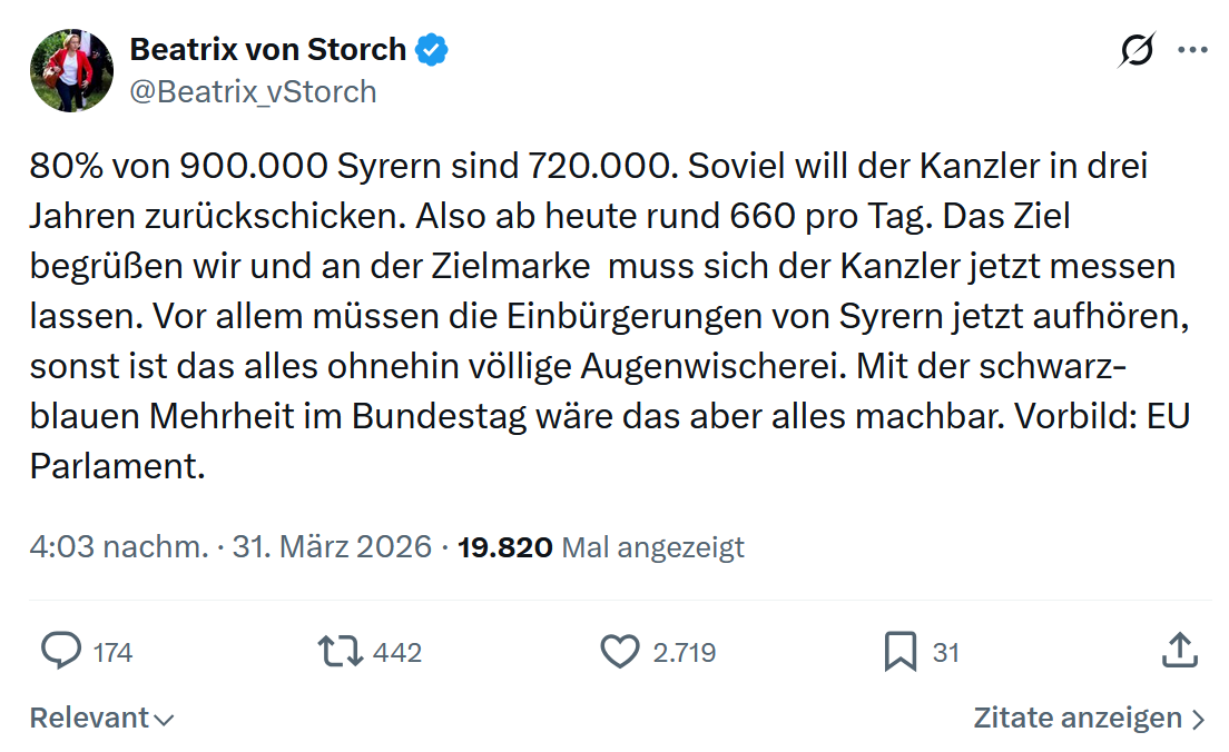 Beatrix von Storch: 80% von 900.000 Syrern sind 720.000…