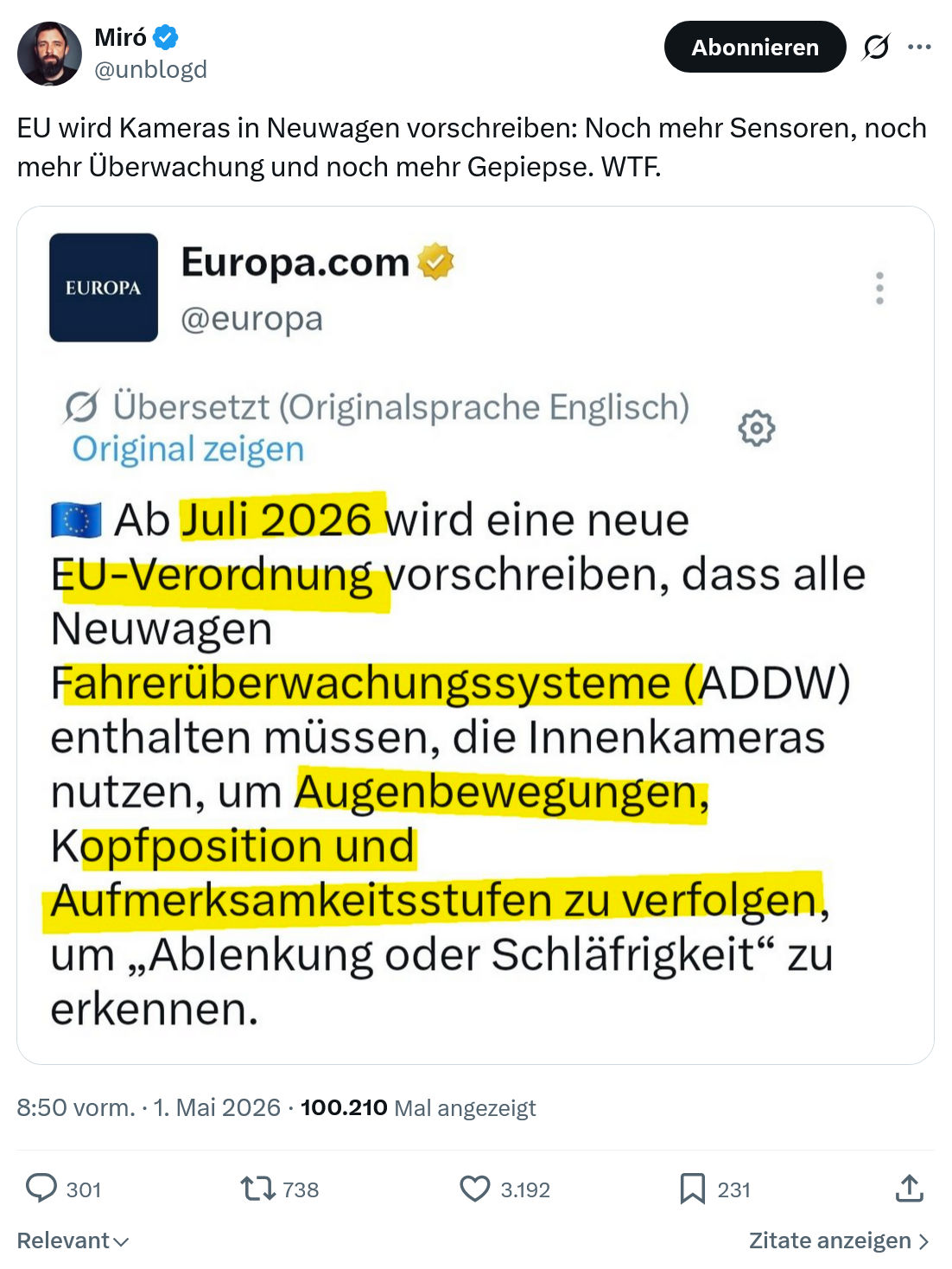 Miro Wolsfeld: EU wird Kameras in Neuwagen vorschreiben…