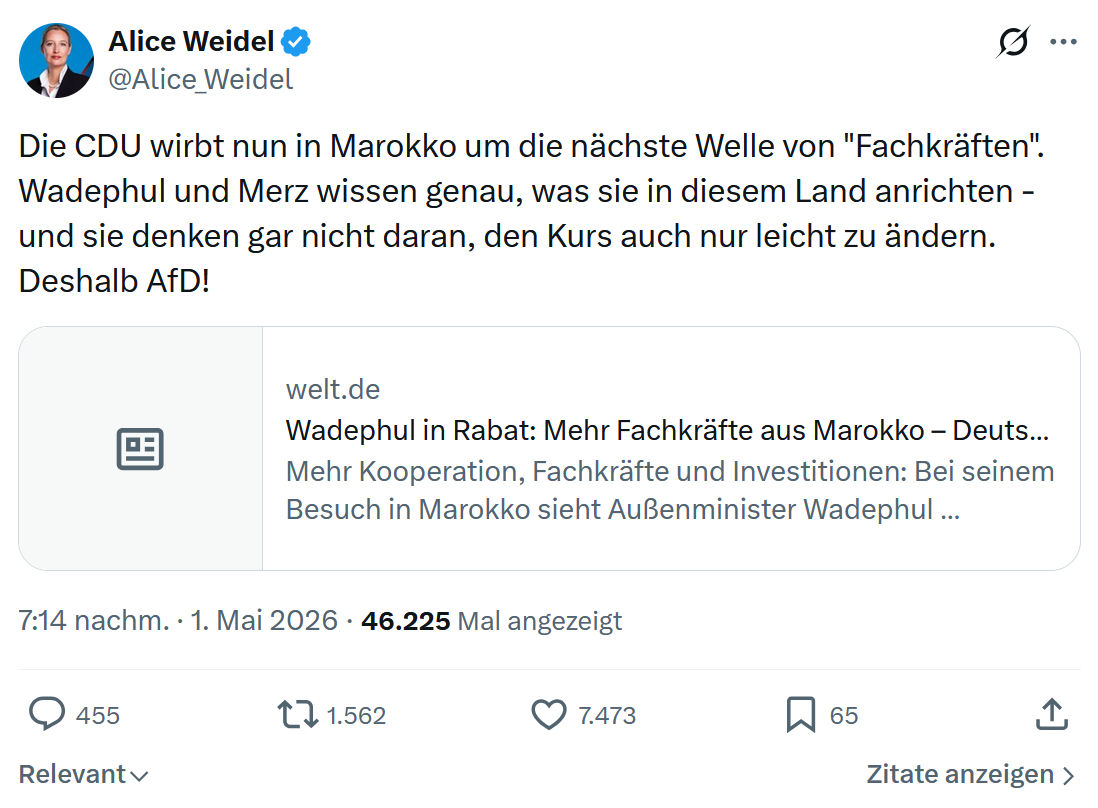 Alice Weidel: Die CDU wirbt nun in Marokko…