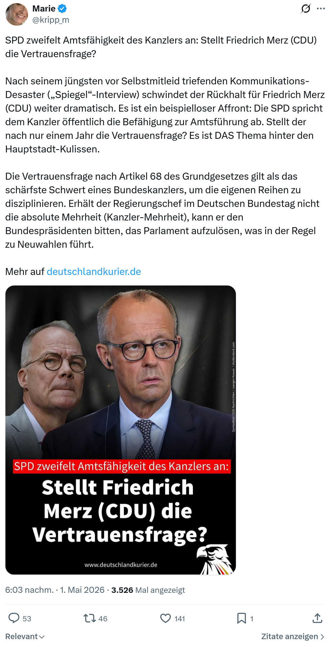 Marie kripp: SPD zweifelt Amtsfähigkeit des Kanzlers…