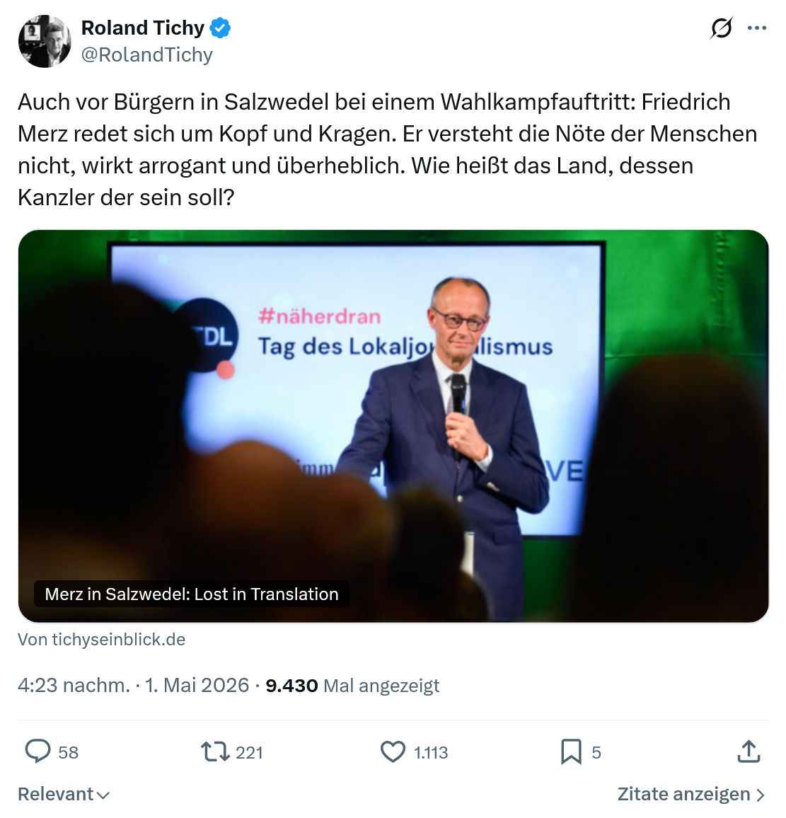 Roland Tichy: Auch vor Bürgern in Salzwedel…