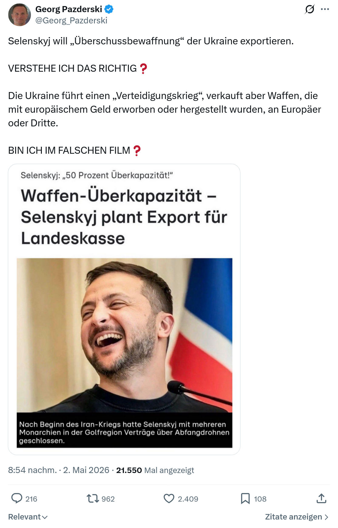 Georg Pazderski: Selenskyj will „Überschussbewaffnung“…