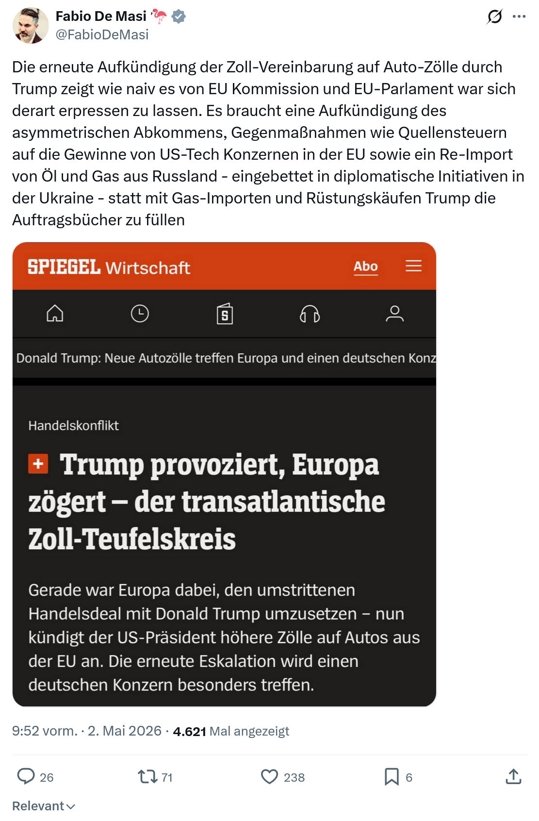 Fabio De Masi: Die erneute Aufkündigung der Zoll-Vereinbarung…