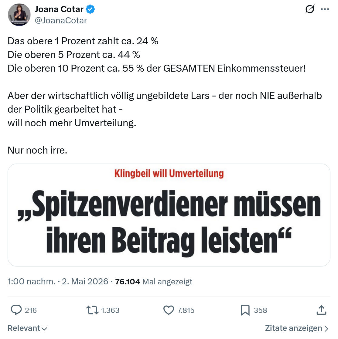 Joana Cotar: Das obere 1 Prozent zahlt…