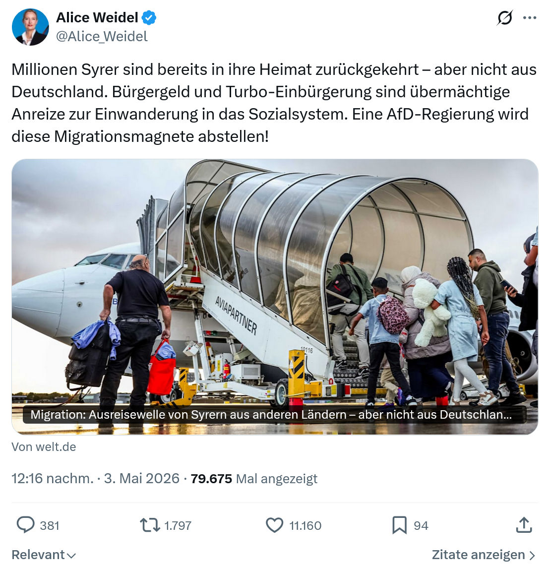 Alice Weidel: Millionen Syrer sind bereits in ihre Heimat zurückgekehrt…