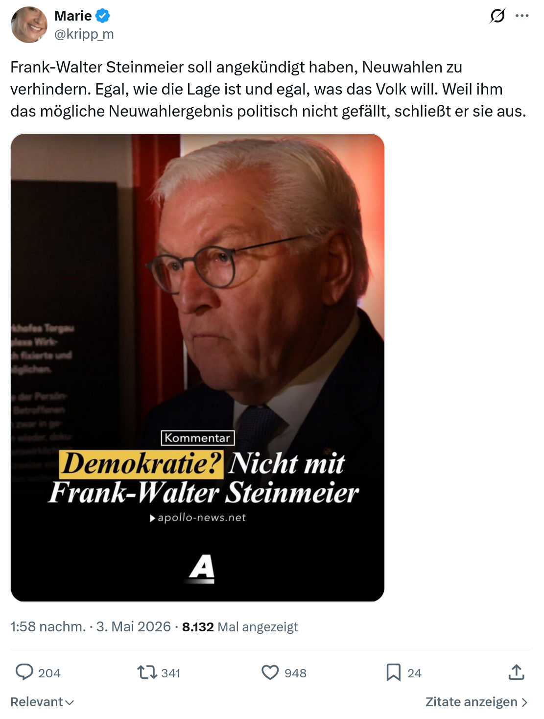 Marie kripp: Frank-Walter Steinmeier soll angekündigt haben…