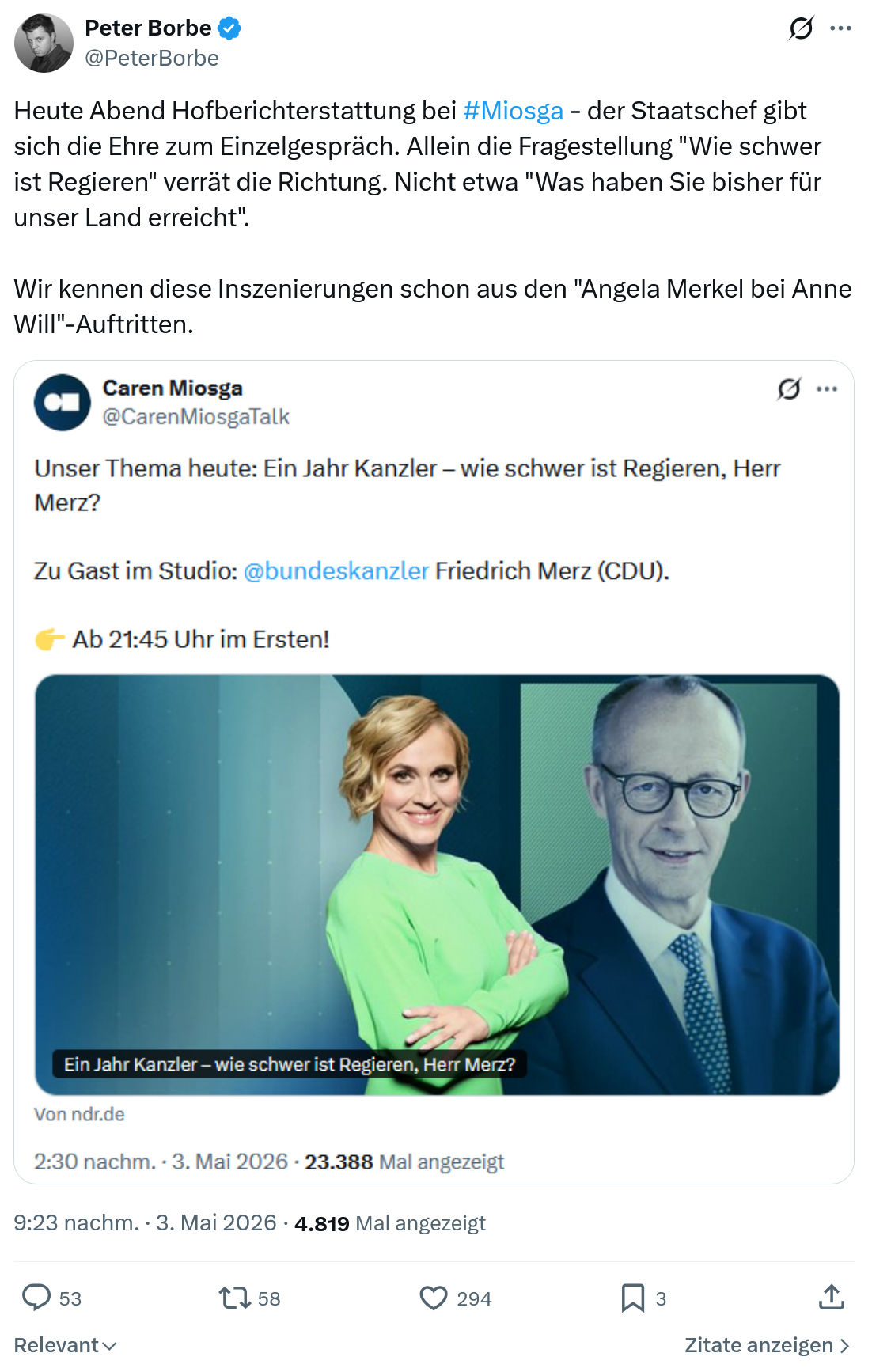 Peter Borbe: Heute Abend Hofberichterstattung…