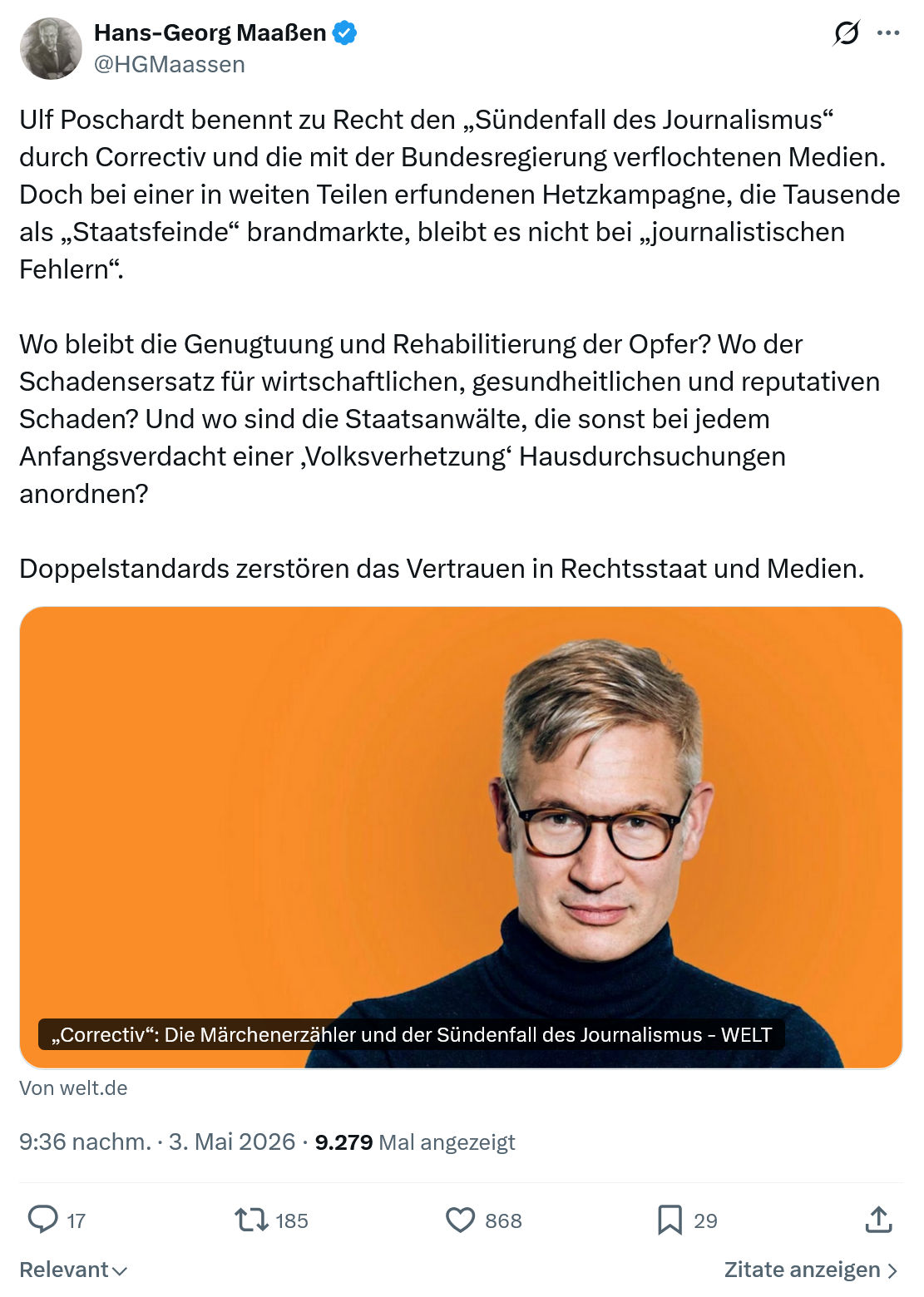 Hans-Georg Maaßen: Ulf Poschardt benennt zu Recht…
