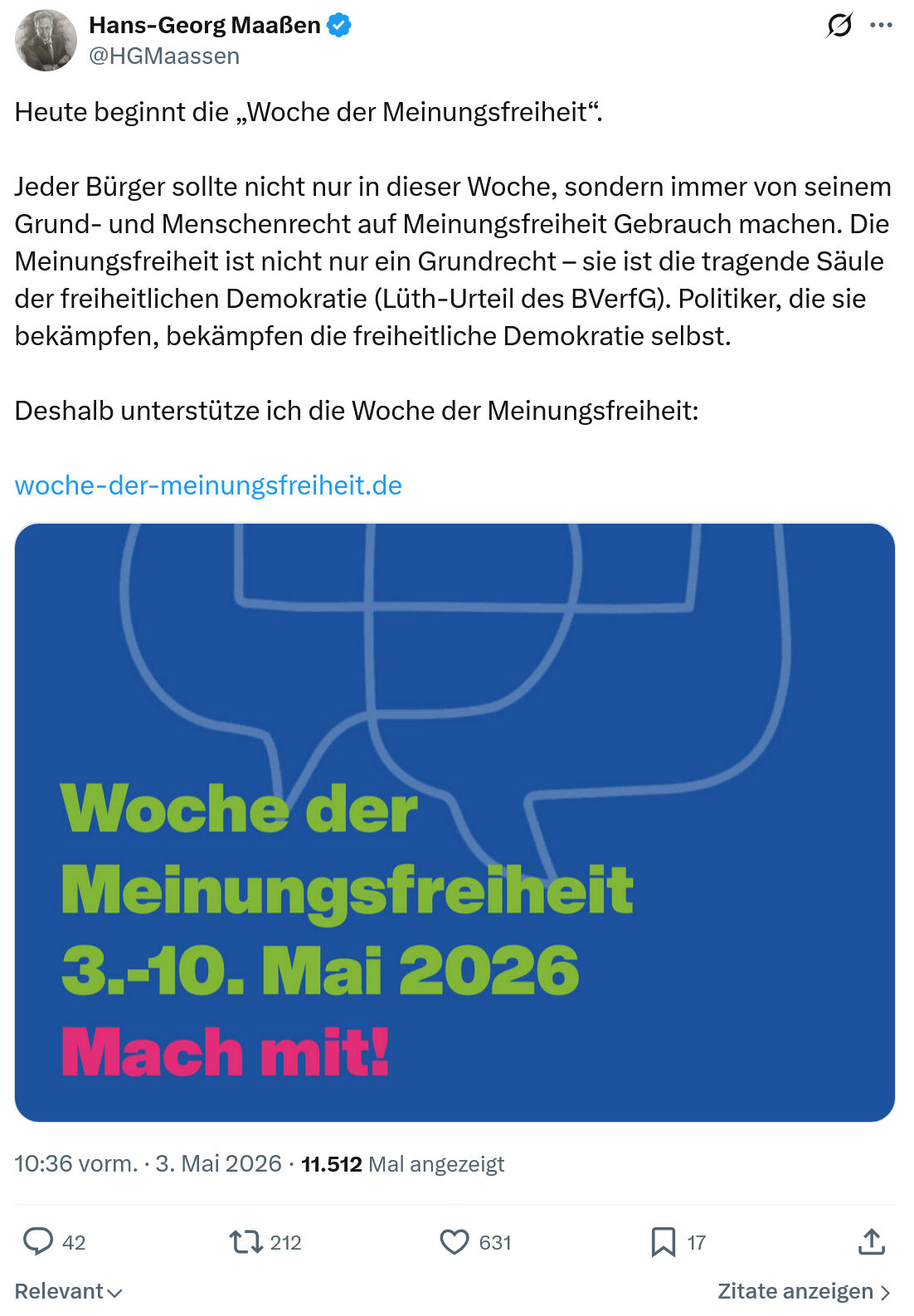 Hans-Georg Maaßen: Heute beginnt die „Woche der Meinungsfreiheit“…