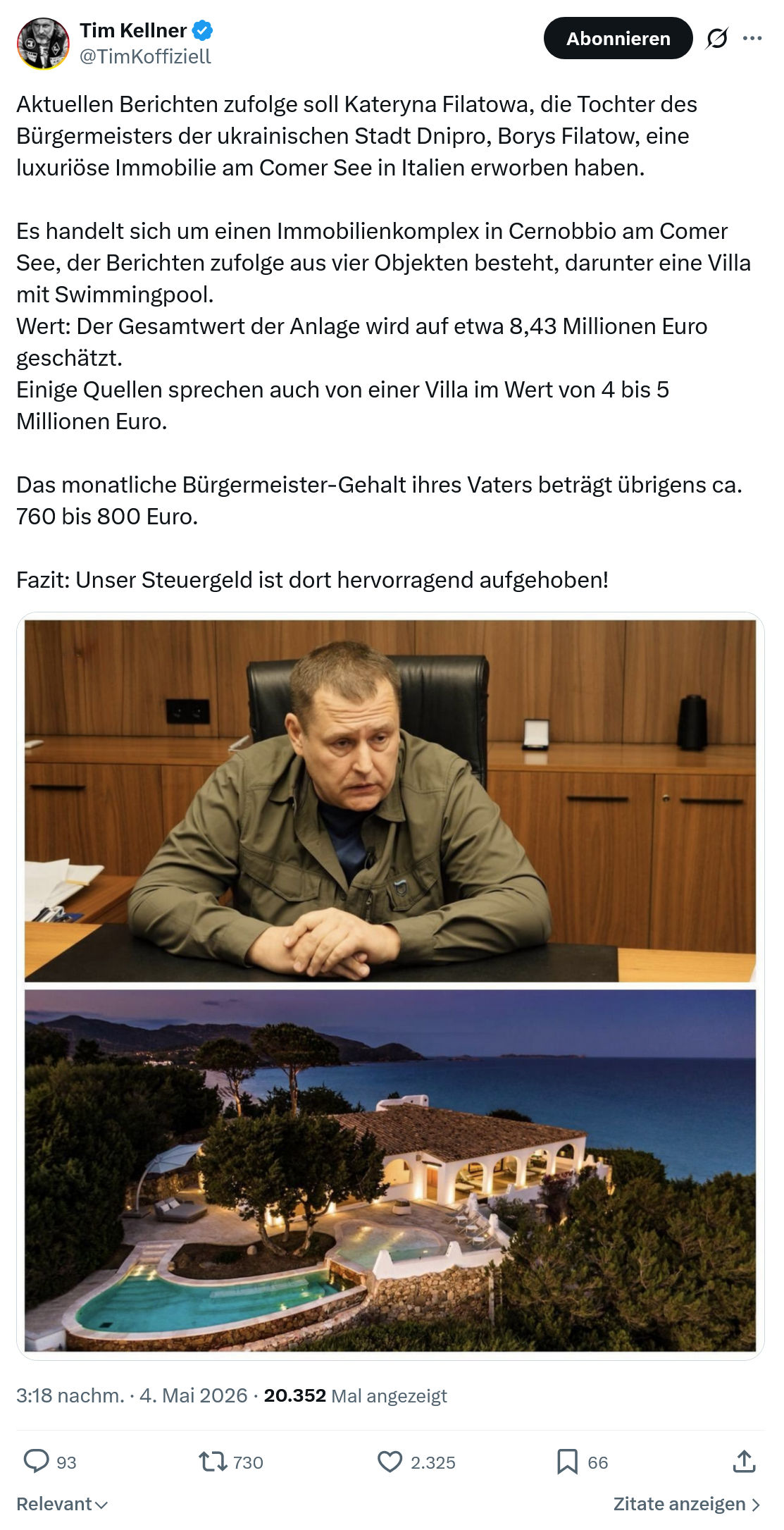 Tim Kellner: Aktuellen Berichten zufolge soll Kateryna Filatowa…