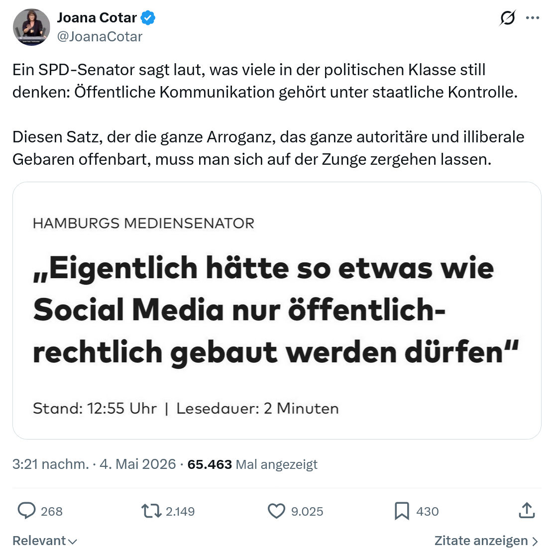 Joana Cotar: Ein SPD-Senator sagt laut…