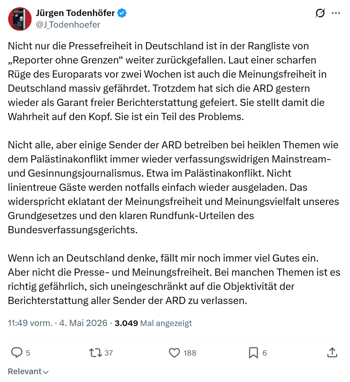 Jürgen Todenhöfer: Nicht nur die Pressefreiheit in Deutschland…