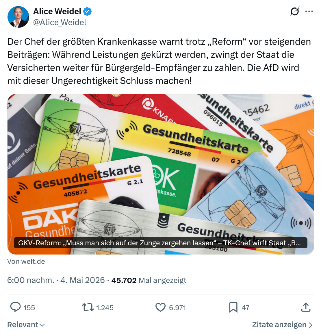 Alice Weidel: Der Chef der größten Krankenkasse…