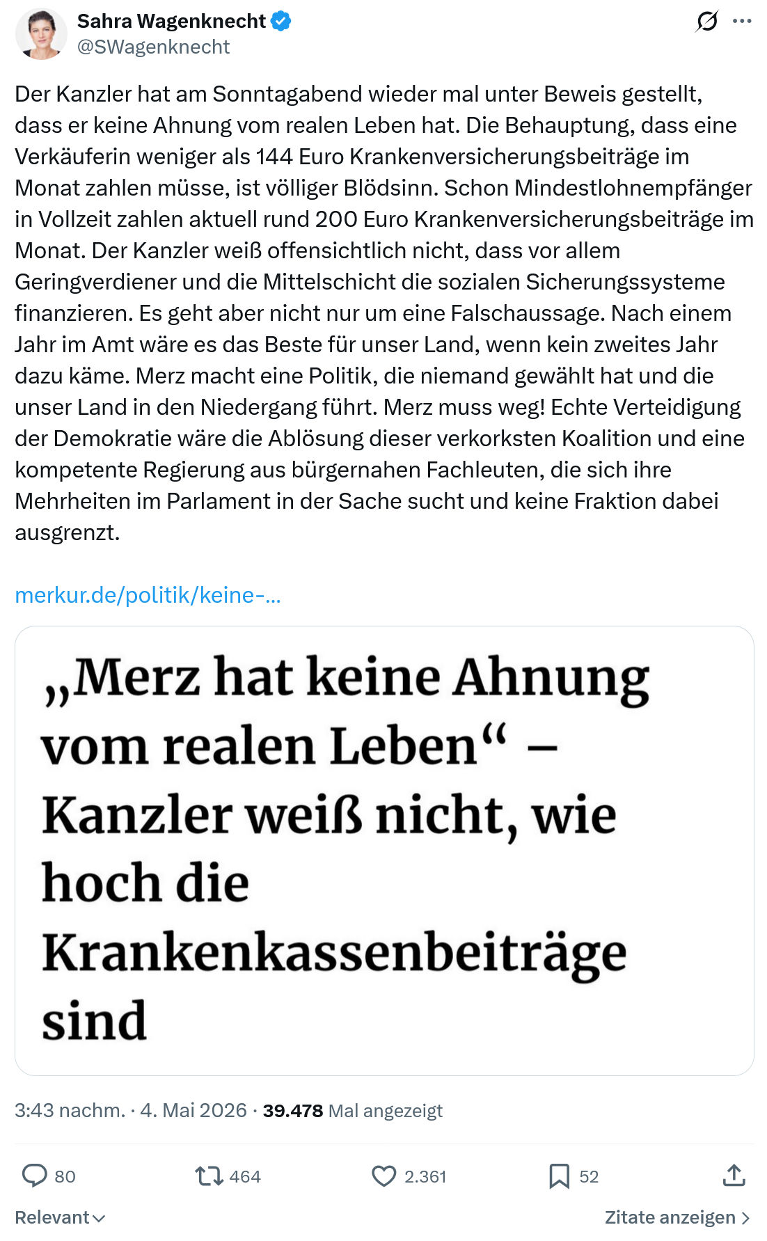 Sahra Wagenknecht: Der Kanzler hat am Sonntagabend…