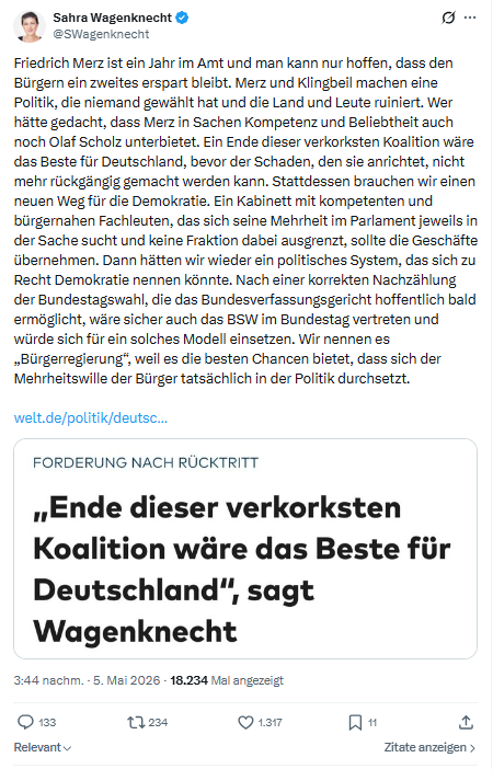 Sahra Wagenknecht: Friedrich Merz ist ein Jahr im Amt…
