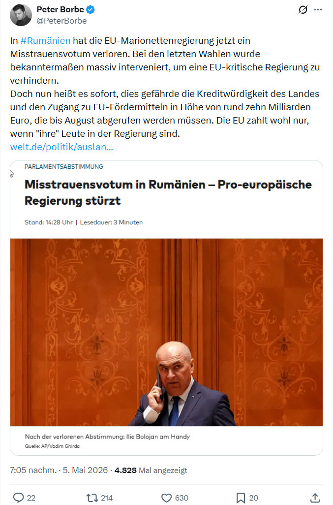 Peter Borbe: In #Rumänien hat die EU-Marionettenregierung…