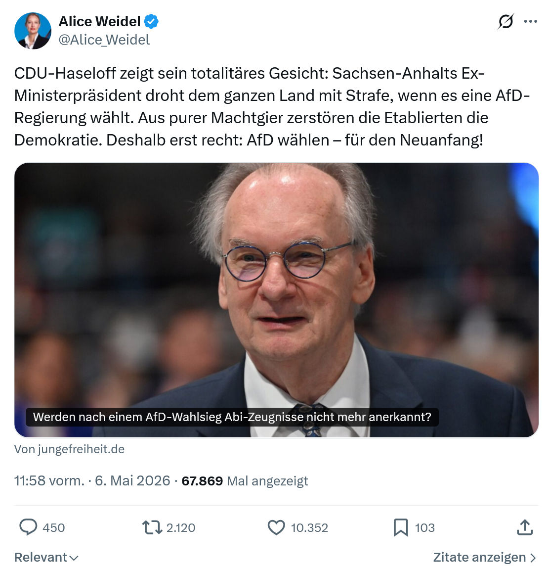 Alice Weidel: CDU-Haseloff zeigt sein totalitäres Gesicht…