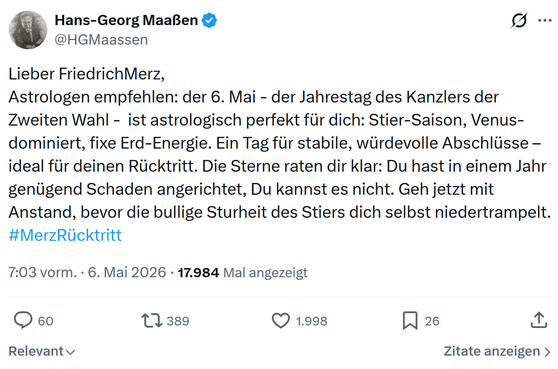 Hans-Georg Maaßen: Lieber FriedrichMerz, Astrologen empfehlen…