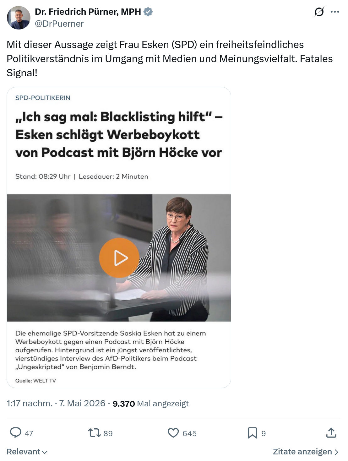 Friedrich Pürner: Mit dieser Aussage zeigt Frau...