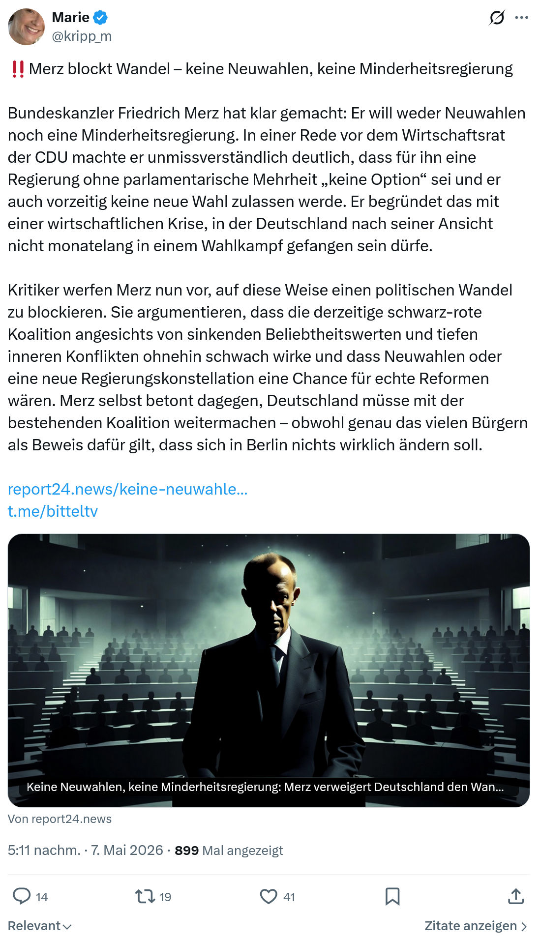 Marie kripp: Merz blockt Wandel – keine Neuwahlen...