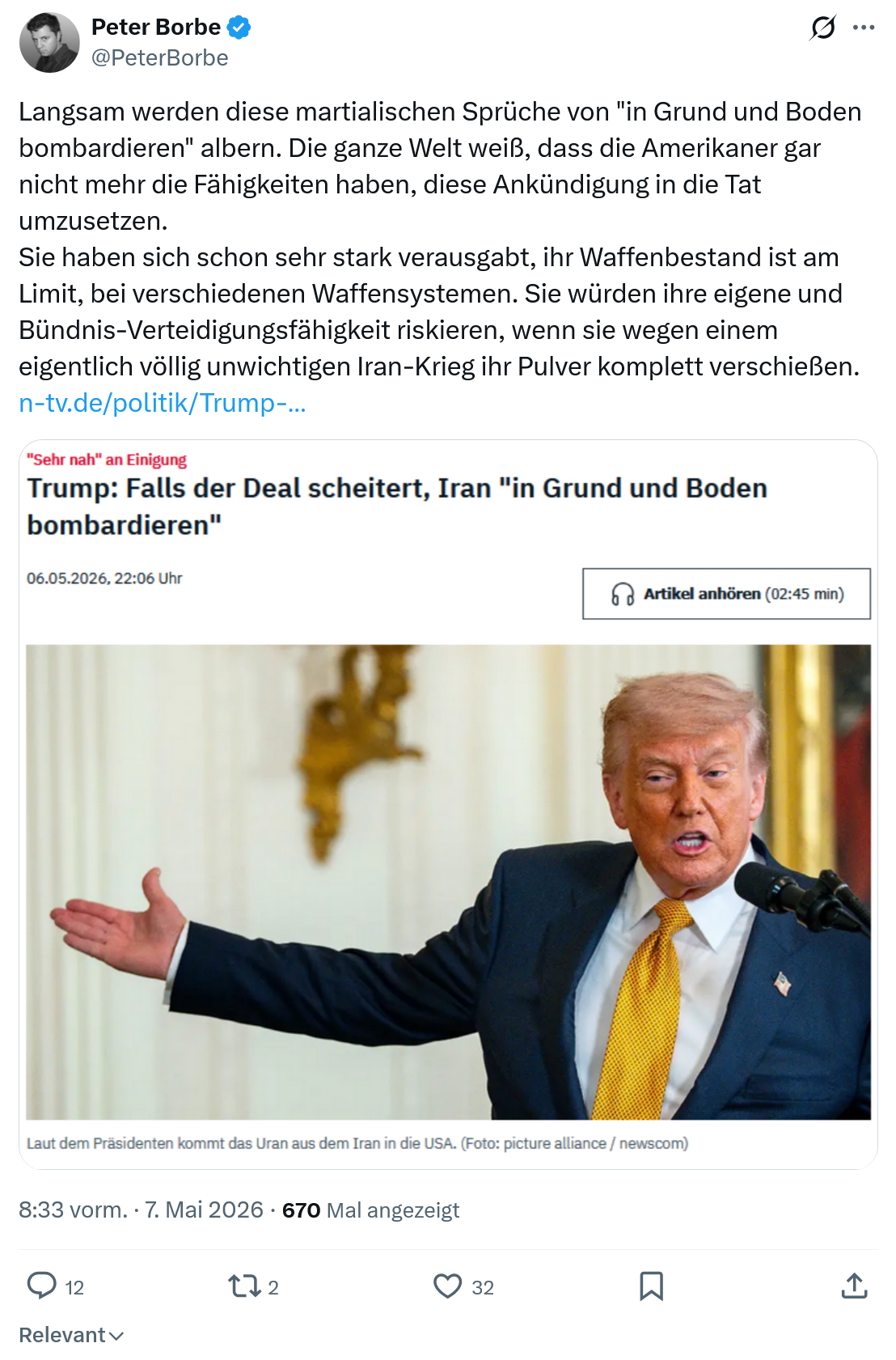 Peter Borbe: Langsam werden diese martialischen Sprüche...