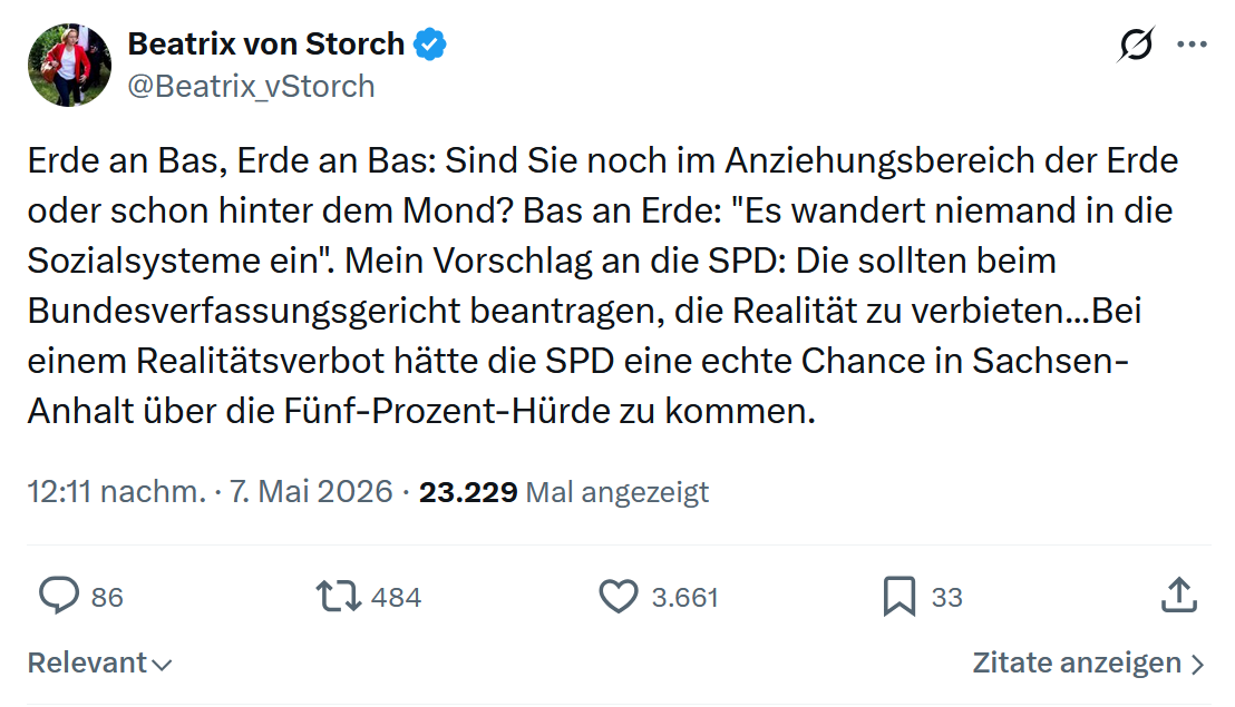 Beatrix von Storch: Erde an Bas, Erde an Bas...
