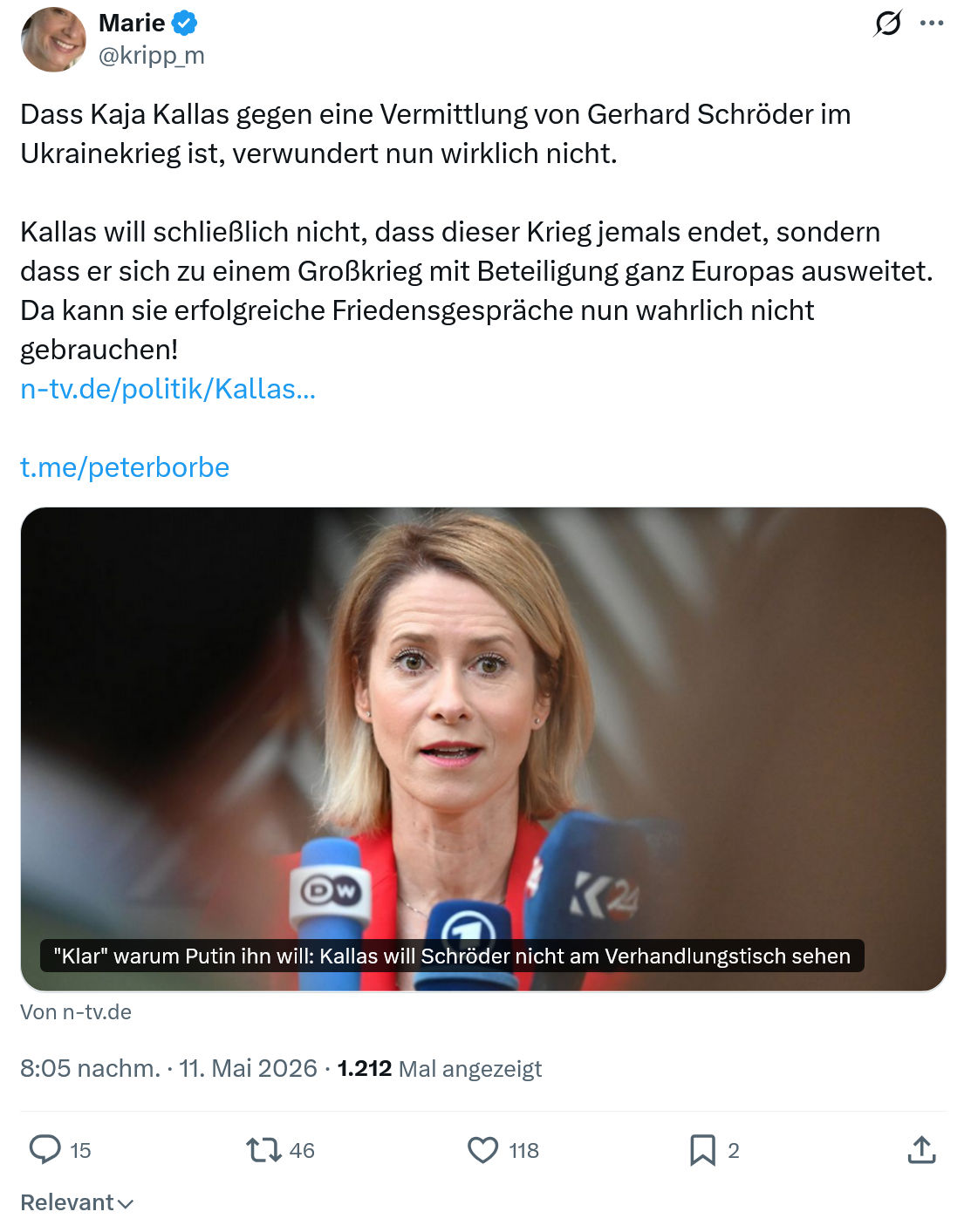 Marie kripp: Dass Kaja Kallas gegen eine Vermittlung…