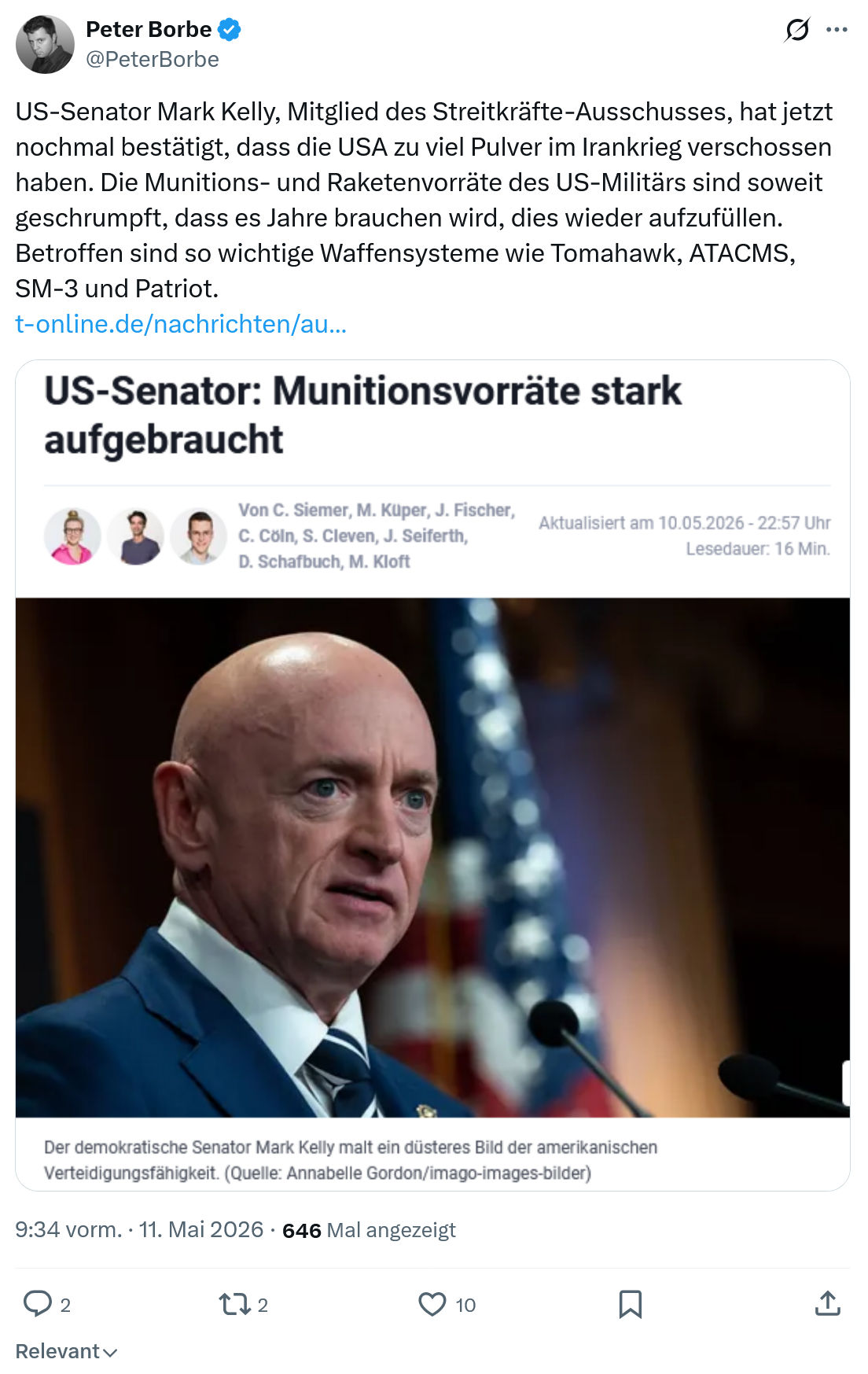 Peter Borbe: US-Senator Mark Kelly…