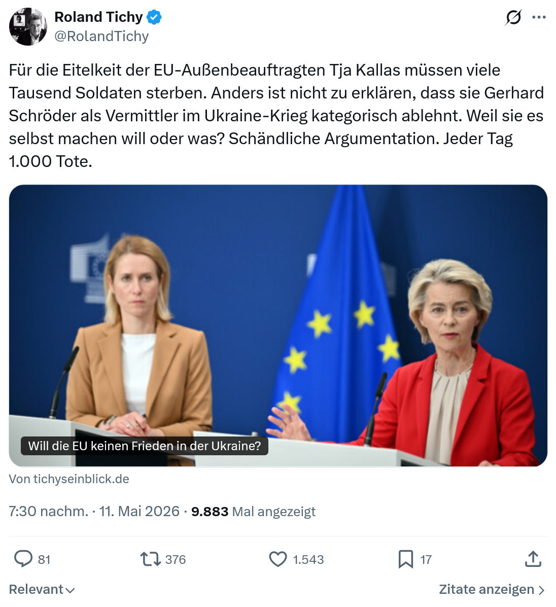 Roland Tichy: Für die Eitelkeit der EU-Außenbeauftragten…