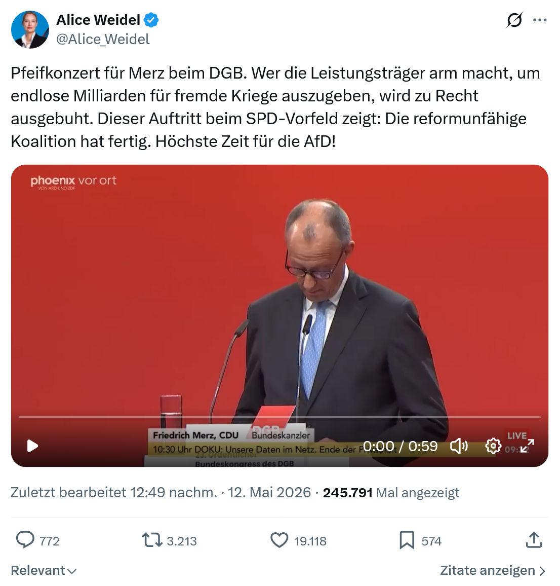 Alice Weidel: Pfeifkonzert für Merz beim DGB…