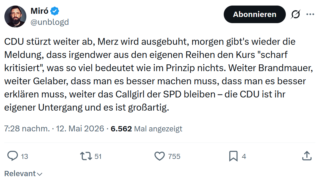 Miro Wolsfeld: CDU stürzt weiter ab…
