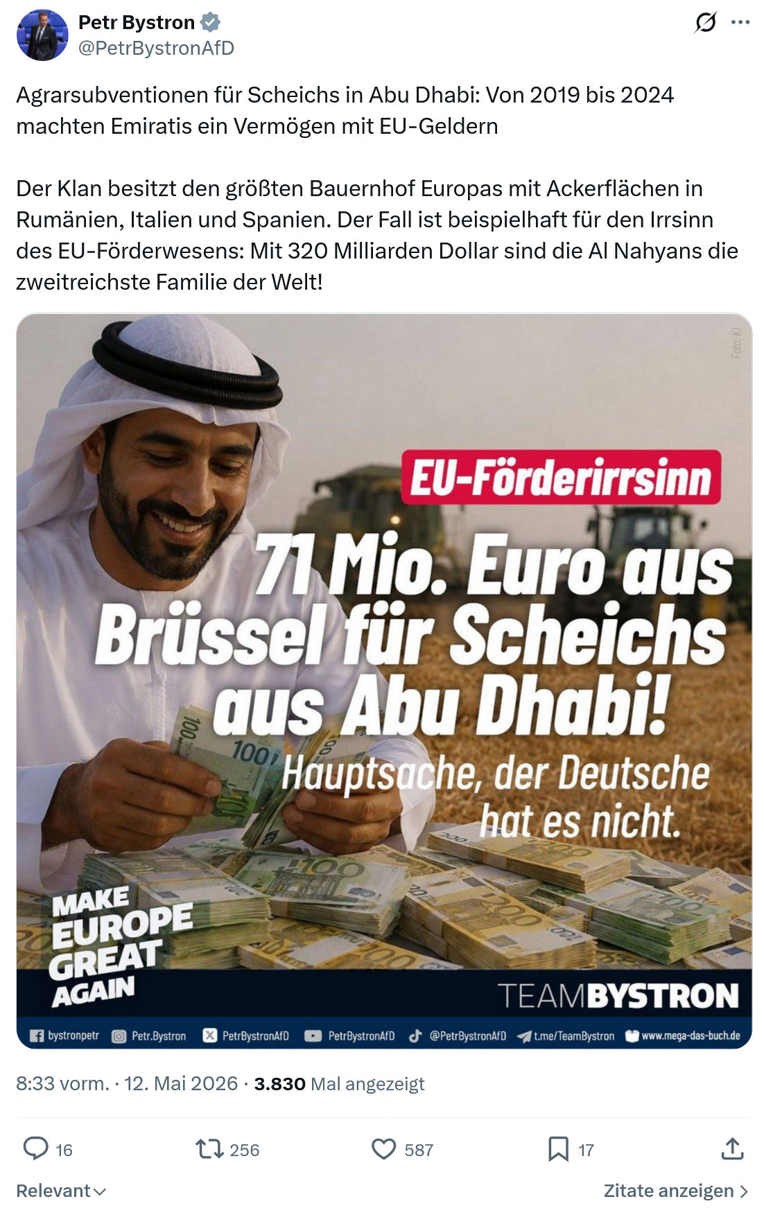 Petr Bystron: Agrarsubventionen für Scheichs in Abu Dhabi…