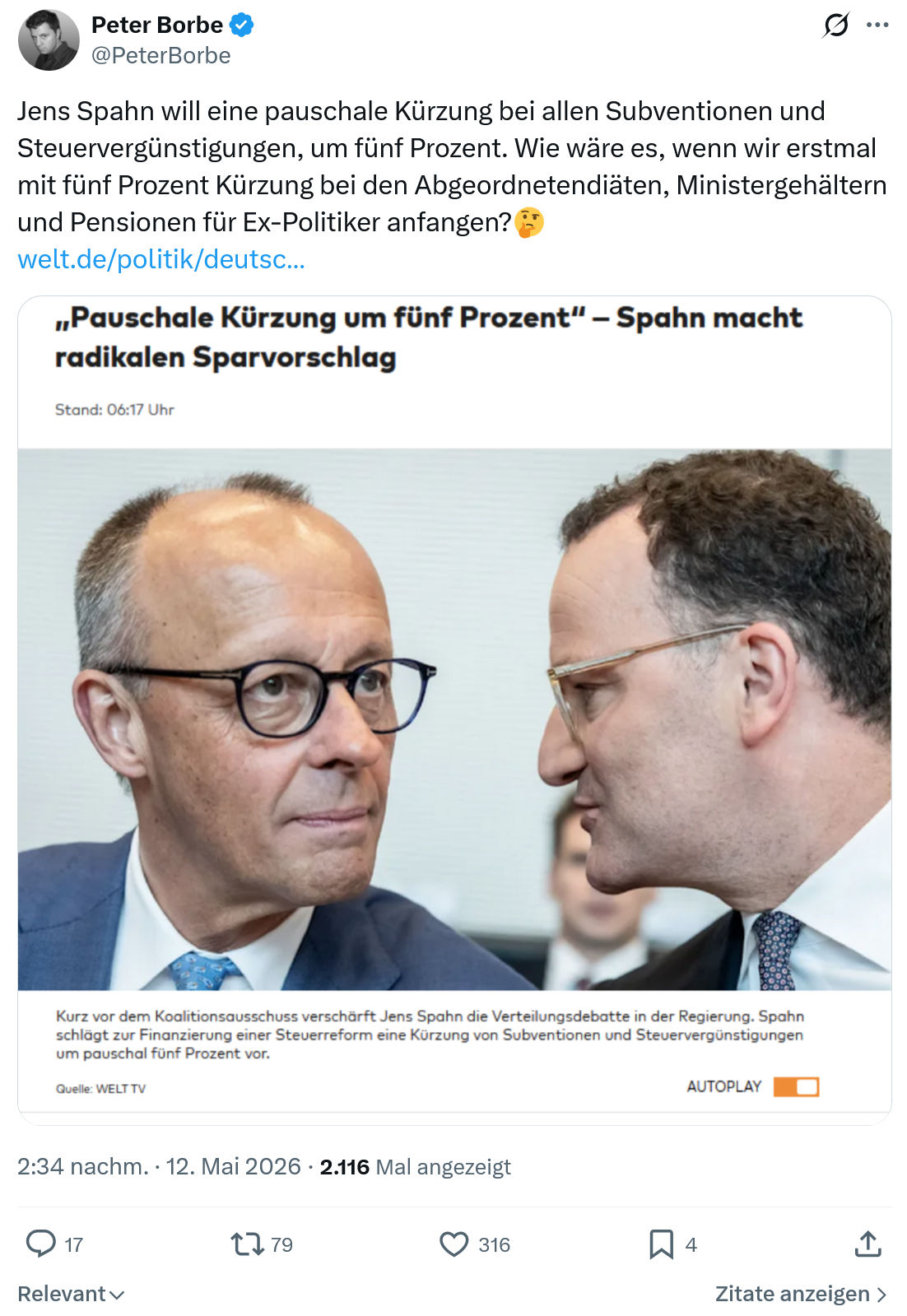 Peter Borbe: Jens Spahn will eine pauschale Kürzung…