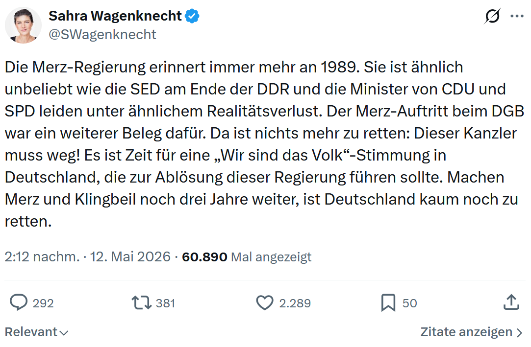 Sahra Wagenknecht: Die Merz-Regierung erinnert immer…