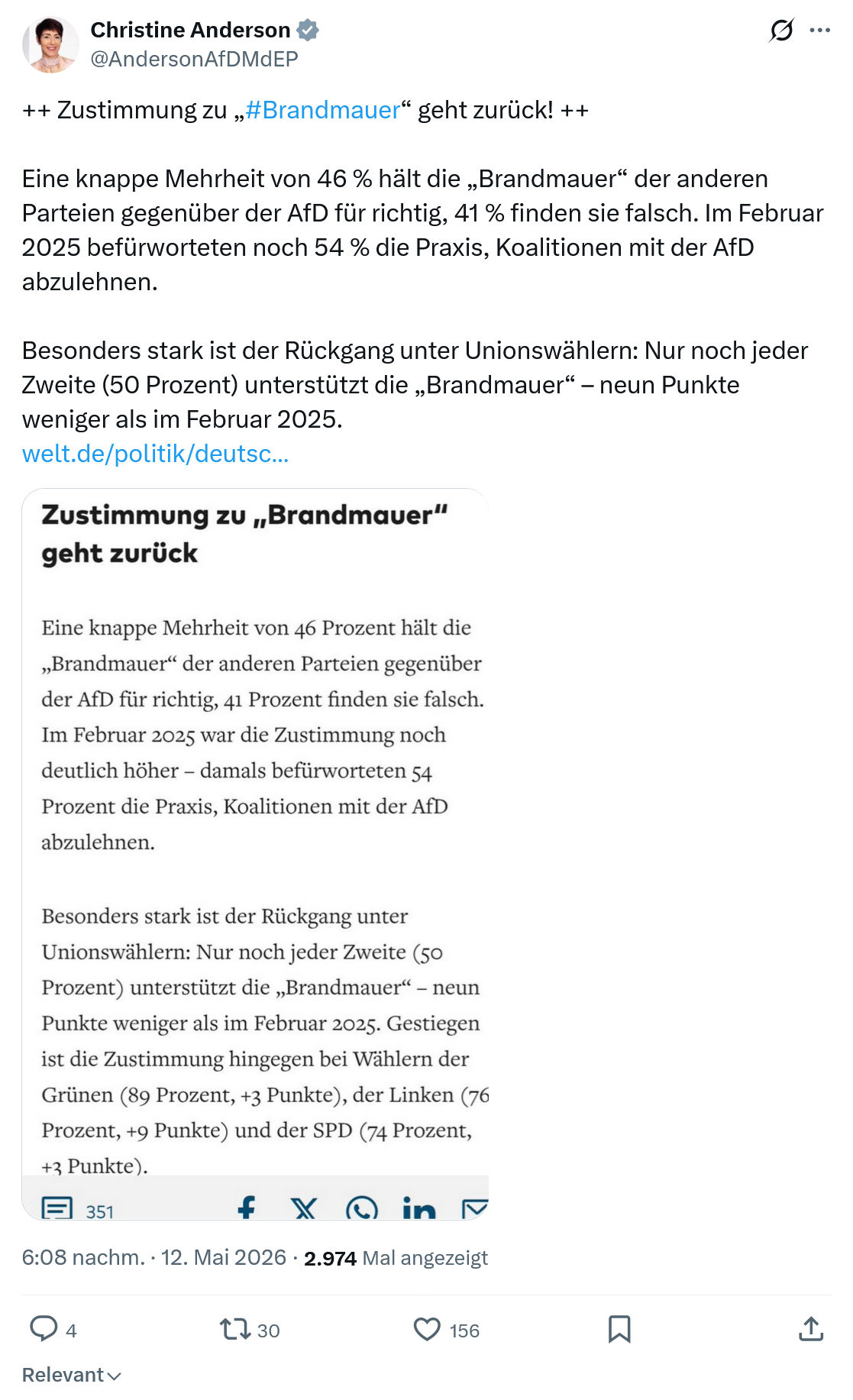 Christine Anderson: ++ Zustimmung zu „#Brandmauer“…