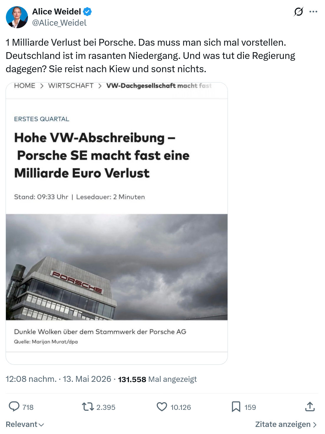 Alice Weidel: 1 Milliarde Verlust bei Porsche…