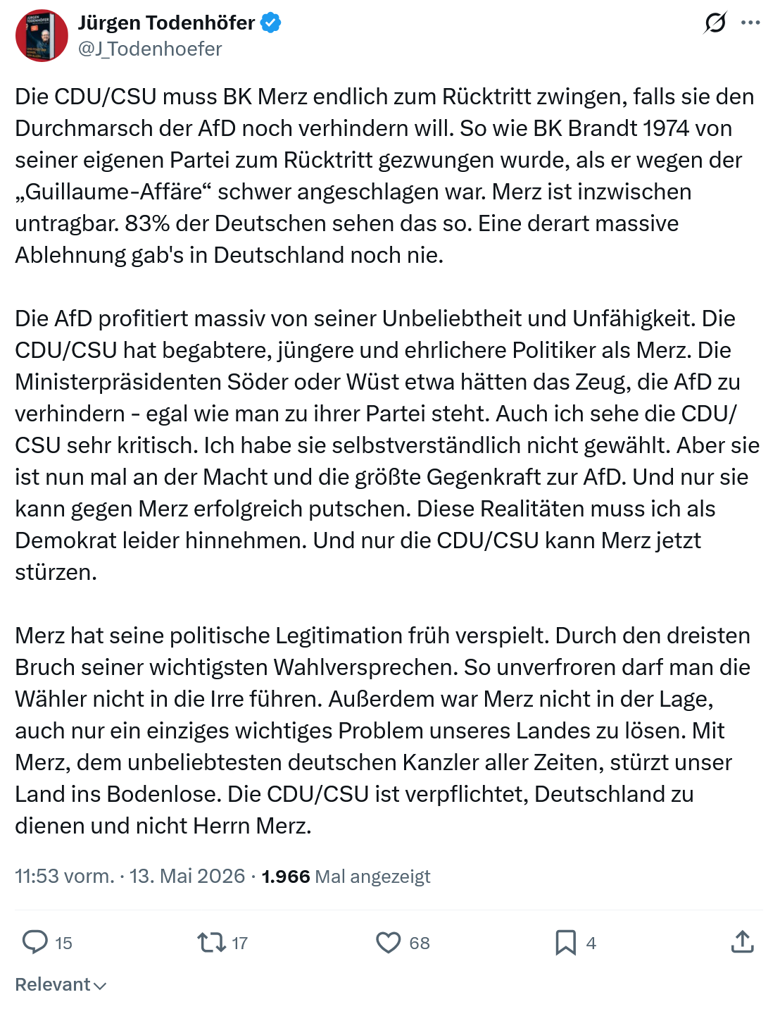 Jürgen Todenhöfer: Die CDU/CSU muss BK Merz…