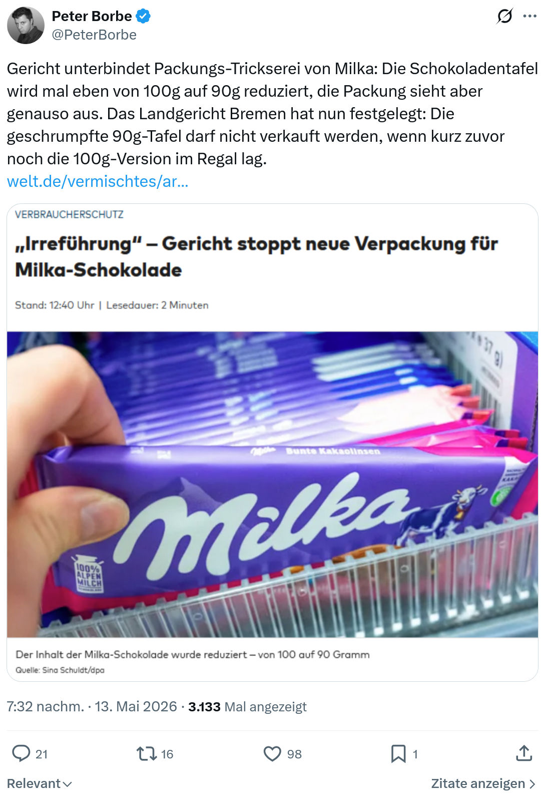 Peter Borbe: Gericht unterbindet Packungs-Trickserei…