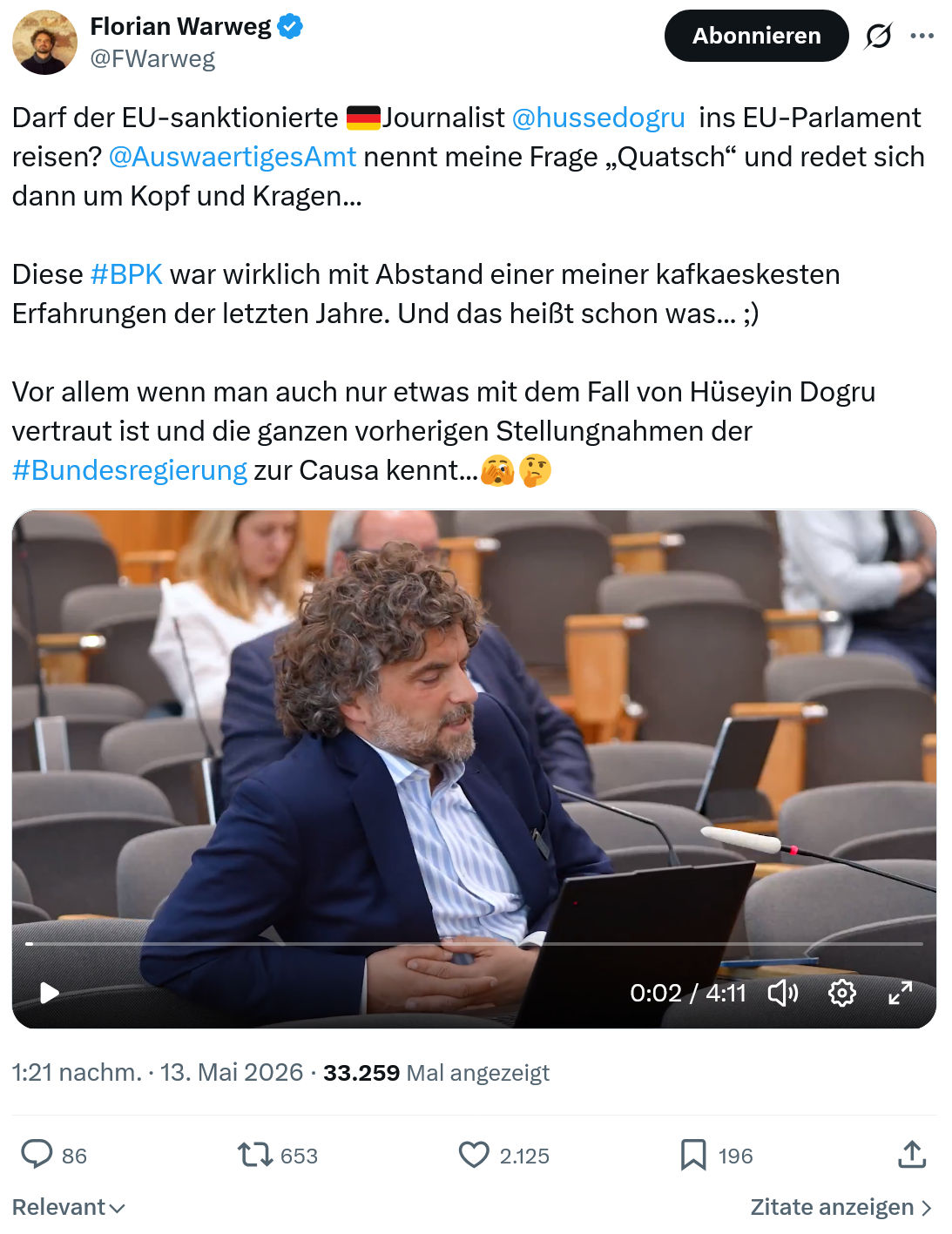Florian Warweg: Darf der EU-sanktionierte 🇩🇪Journalist @hussedogru…