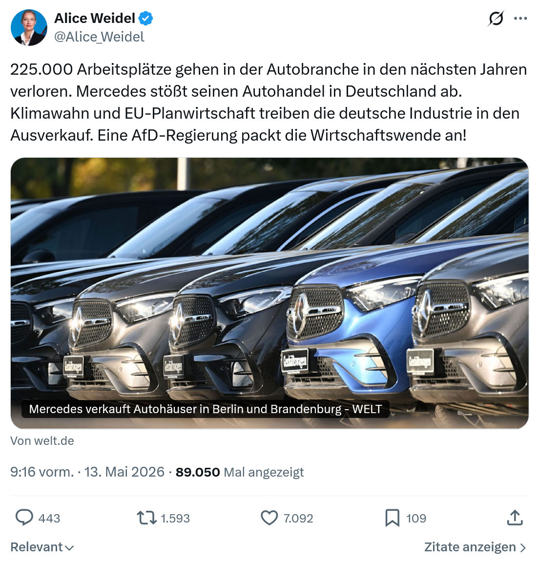 Alice Weidel: 225.000 Arbeitsplätze gehen in der Autobranche…
