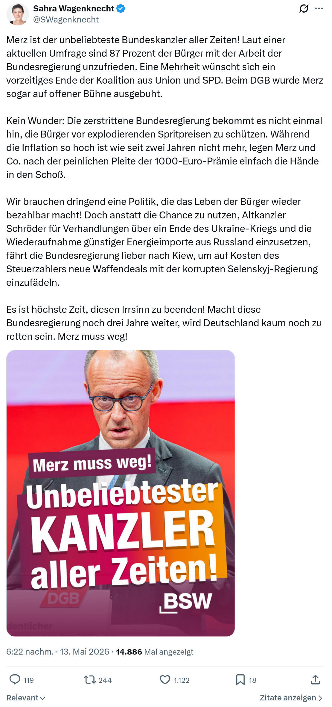 Sahra Wagenknecht: Merz ist der unbeliebteste Bundeskanzler…
