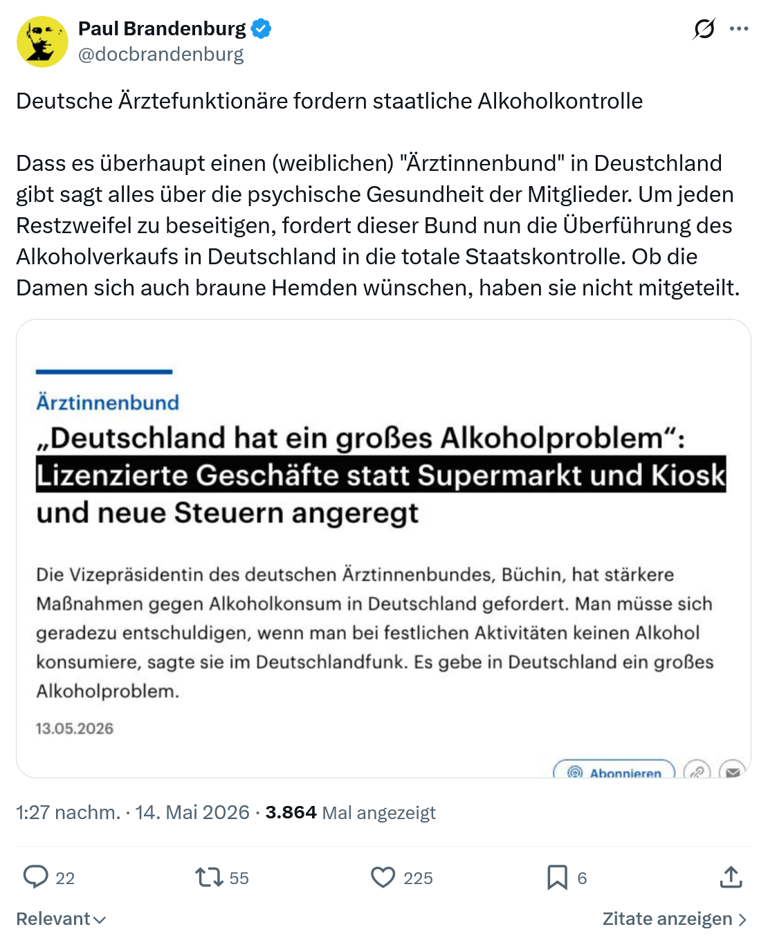 Paul Brandenburg: Deutsche Ärztefunktionäre fordern staatliche Alkoholkontrolle…